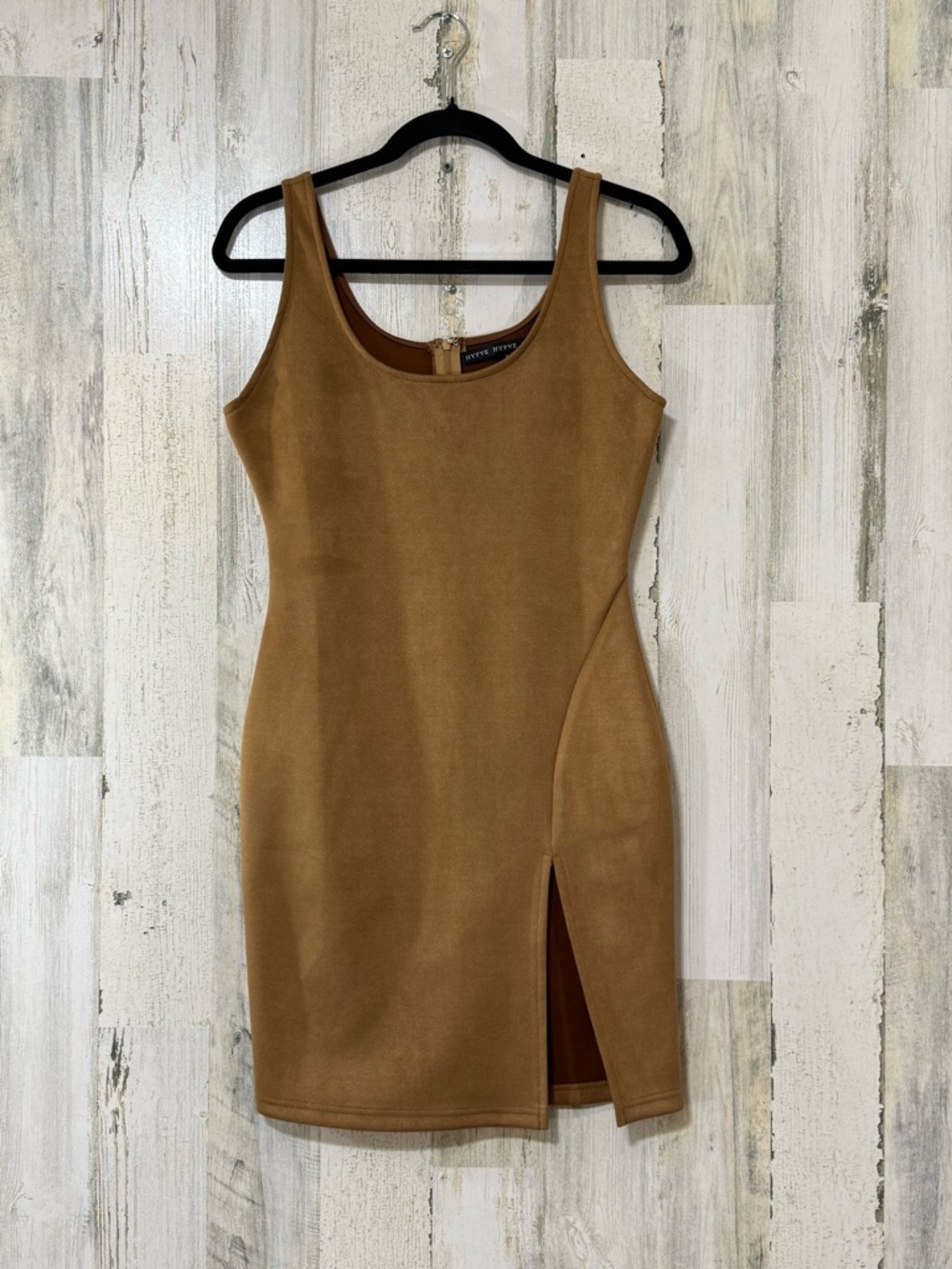 HYFVE Camel Faux Suede Tank Bodycon Mini Dress with Front Slit